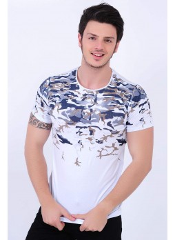 Mavi Desenli Beyaz T-Shirt