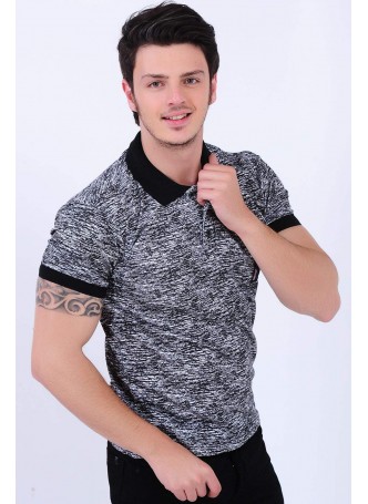 Armalı Püskürtme Desenli Polo Yaka Siyah T-Shirt