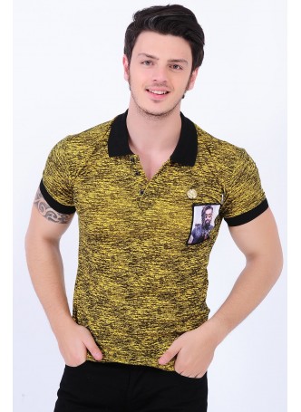 Armalı Püskürtme Desenli Polo Yaka Sarı T-Shirt