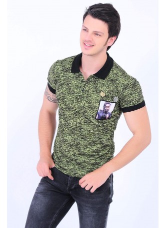 Armalı Püskürtme Desenli Polo Yaka Yeşil T-Shirt