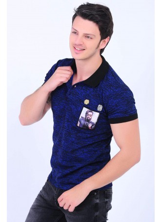 Armalı Püskürtme Desenli Polo Yaka Mavi T-Shirt