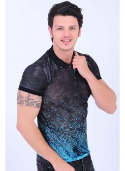 Turkuaz Desenli Polo Yaka Füme T-Shirt