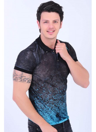 Turkuaz Desenli Polo Yaka Füme T-Shirt