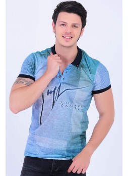 Desenli Polo Yaka Turkuaz T-Shirt