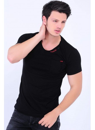 Cepli Kesik Detay Siyah T-Shirt