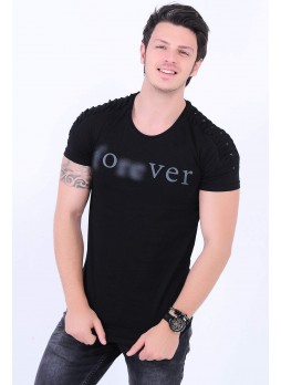 Forever Yazılı Omuz Detay Siyah T-Shirt