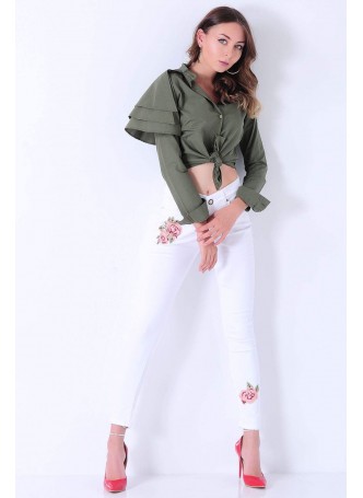 Pudra Gül İşlemeli Beyaz Denim