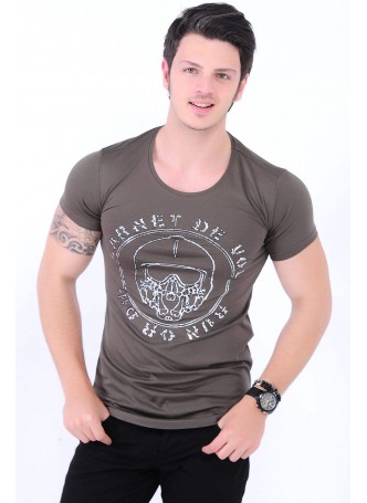 Gümüş Kabartma Baskılı Haki T-shirt