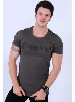 Forever Baskılı Omuz Tırtıklı Haki T-shirt