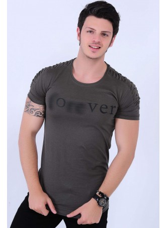 Forever Baskılı Omuz Tırtıklı Haki T-shirt