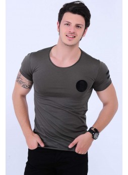 Kol Şeritli Armalı Haki T-shirt