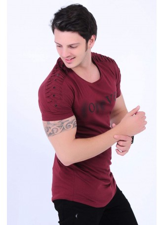 Forever Basklı Omuz Tırtıklı Bordo T-shirt