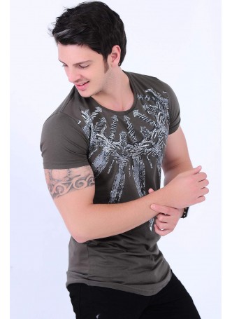 Kabartma Kılıç Baskılı Haki T-shirt