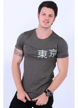 Baskılı Kesikli Haki T-shirt