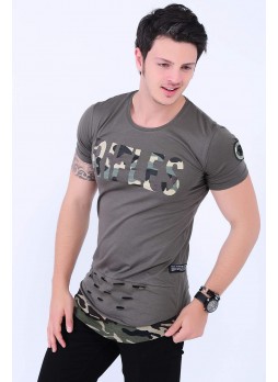 Rifles Baskılı Kamuflaj Detay Haki T-shirt