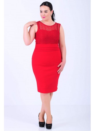 Üstü Dantel Büyük Beden Kırmızı Elbise