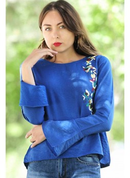 Kolları Salaş Çiçek Motifli Saks Mavisi Bluz
