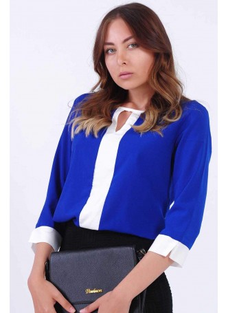 Krep Önü Tokalı Saks Mavisi Bluz