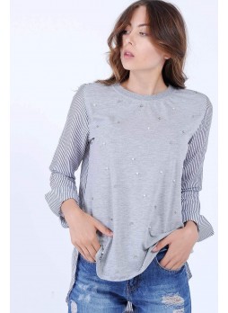 İncili Gömlek Kol Gri Bluz