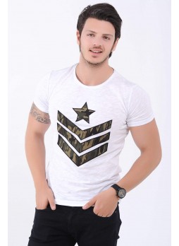 Yıldız Kamuflaj Baskılı Beyaz T-Shirt