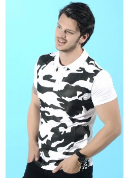 Siyah Baskı Polo Yaka Beyaz T-Shirt