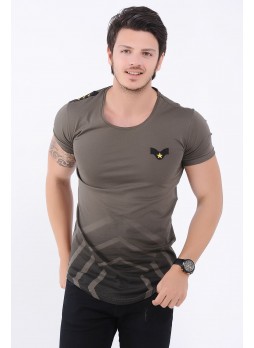 Apoletli Etek Baskı Haki T-Shirt