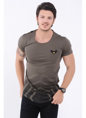 Apoletli Etek Baskı Haki T-Shirt