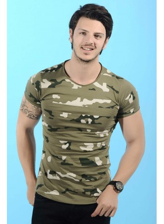 Kamuflaj Şerit Baskılı Haki T-Shirt