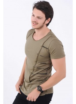 Fermuar Kesik detay Haki T-Shirt