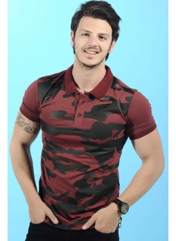 Siyah Baskı Polo Yaka Bordo T-Shirt