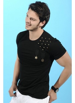 Apoletli Omuz Taş Siyah T-Shirt