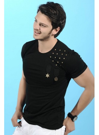 Apoletli Omuz Taş Siyah T-Shirt