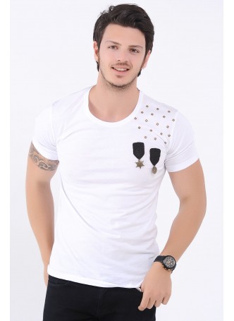 Apoletli Omuz Taş Beyaz T-Shirt