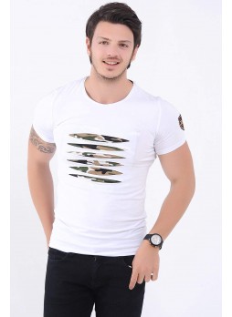 Kamuflaj Kesikli Beyaz T-Shirt