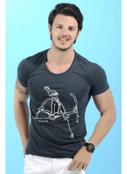 Karikatür Baskılı Füme T-Shirt
