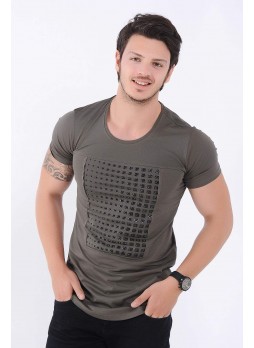 Kabartma Baskı Desenli Haki T-Shirt