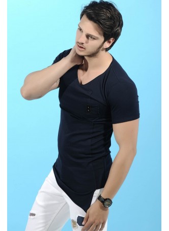 Cep Armalı Yan Kesik Lacivert T-Shirt