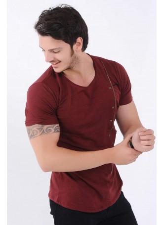 Fermuar Kesik detay Bordo T-Shirt