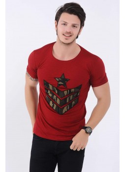 Yıldız Kamuflaj Baskılı Kırmızı T-Shirt