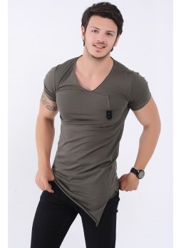 Cep Armalı Yan Kesik Haki T-Shirt