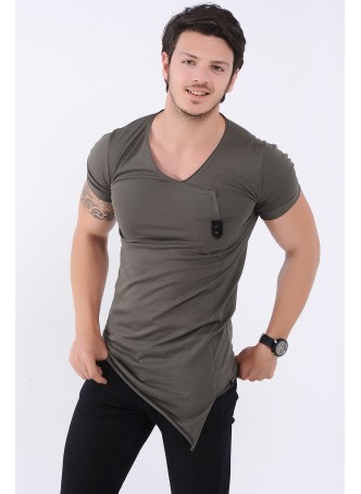 Cep Armalı Yan Kesik Haki T-Shirt