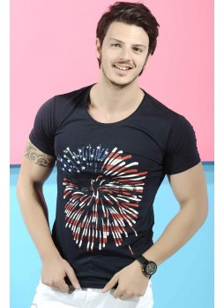 Havai Fişek Baskılı Lacivert T-Shirt