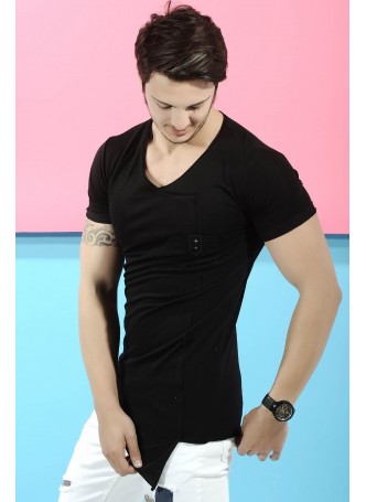 Cep Armalı Yan Kesik Siyah T-Shirt
