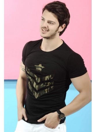 Yıldız Kamuflaj Baskılı Siyah T-Shirt