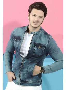 Çift Cep Fermuarlı Açık Mavi Kot ceket