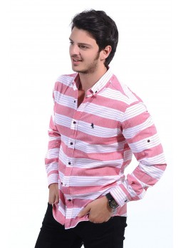 Pembe Şerit Çizgili Beyaz Gömlek
