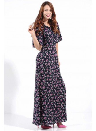 Pembe Çiçek Desenli Lacivert Uzun Elbise