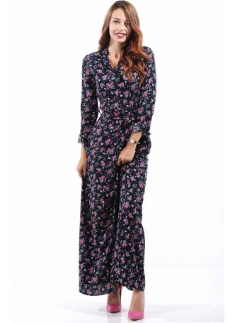 Pembe Çiçek Desenli Lacivert Uzun Kol Elbise