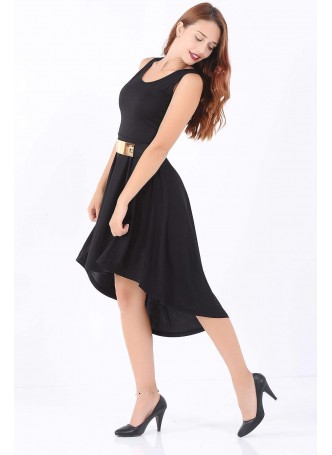 Sırt Fiyonk Kemerli Siyah Elbise
