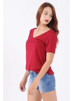 V yaka Salaş Fuşya T-Shirt